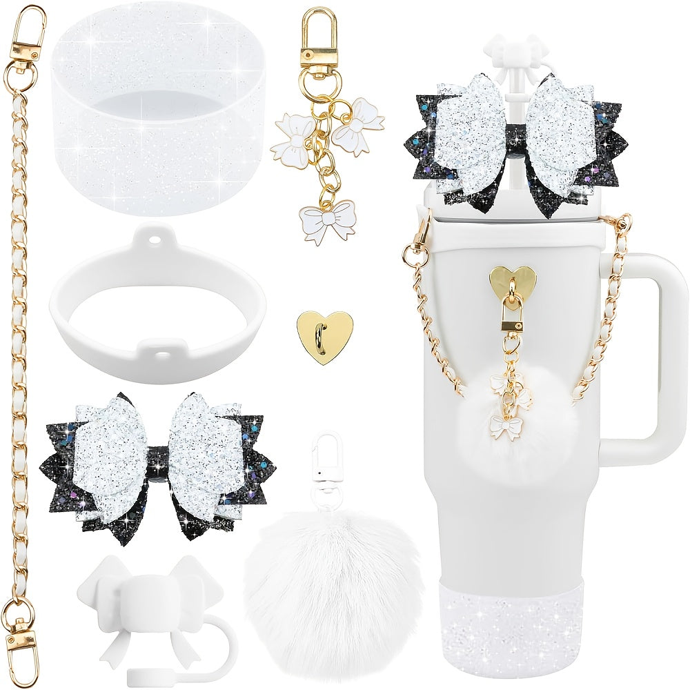 8pcs Bling Silicone Accessories for 30oz 40oz Tumbler Cup, Including Silicone Bow Straw Topper Cover, Protective Silicone Boot, Leather Water Bottles Handle Strap